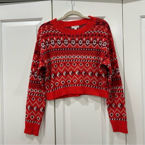 NWOT BP Cropped Sweater Crew Neck Pullover Red Yin Yang Hearts Fair Isle - Picture 3 of 9